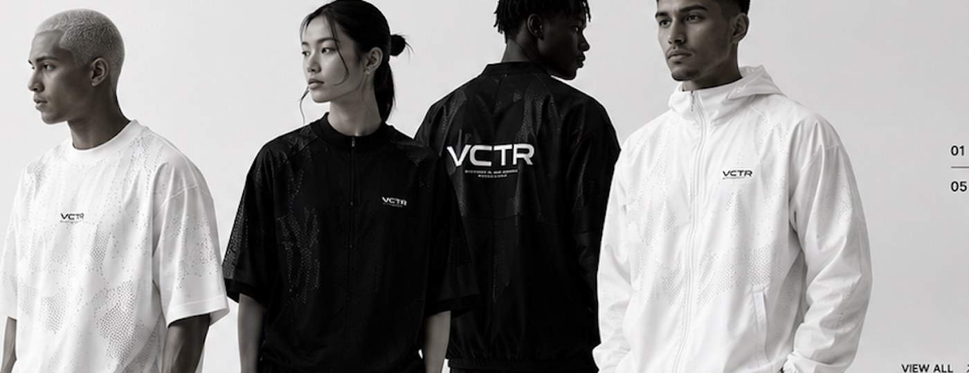 VCTR SS25 — Engineered Culture · 4 models in perforated tee, jersey, anorak and windbreaker